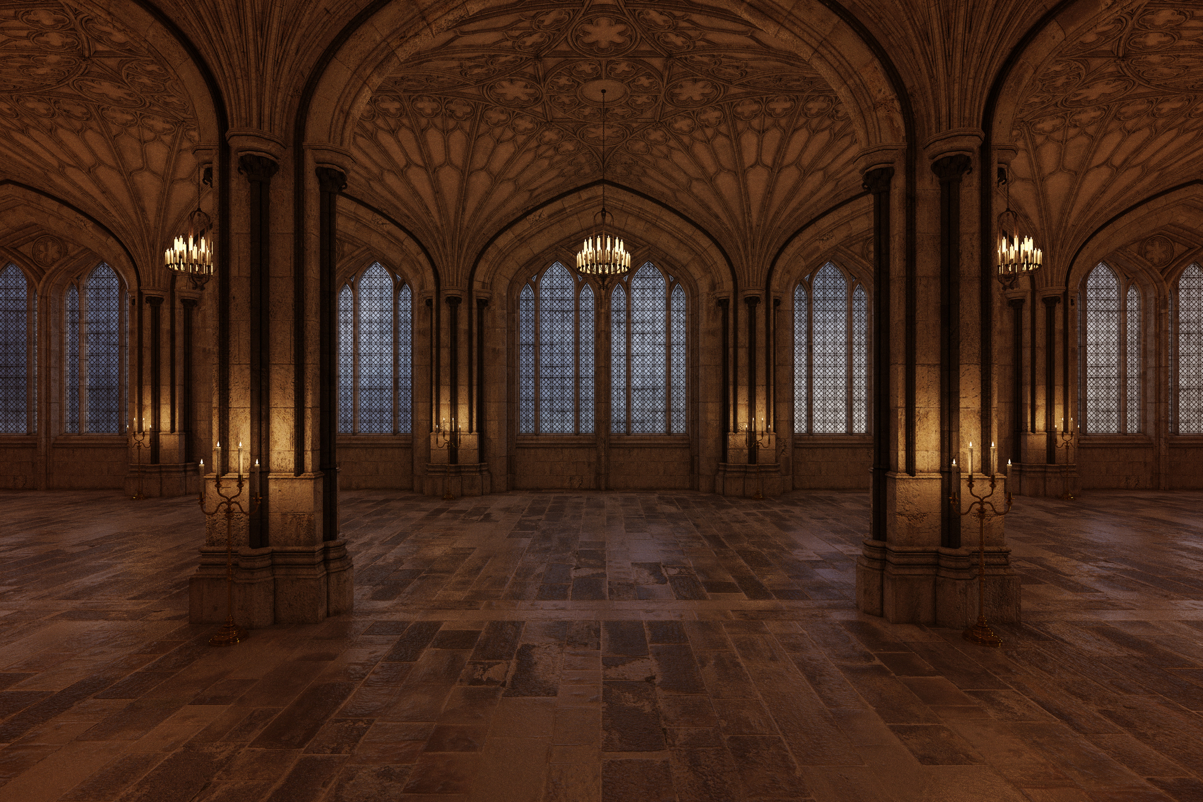 Palace ballroom with candles lighting the room and large arch windows, 3d render.